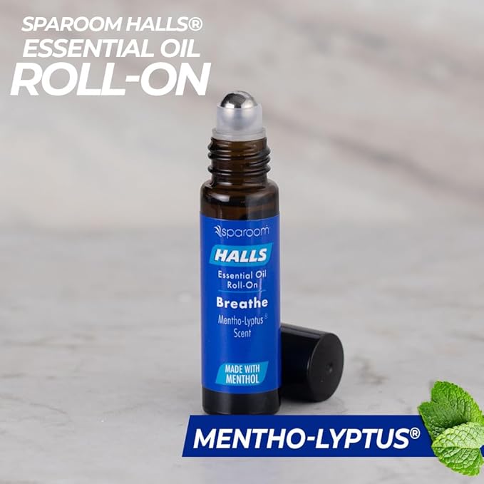 Halls Breathe Essential Oil Roll On Mentho-Lyptus – Refreshing Menthol and Eucalyptus Blend for Focus and Breathing Support, On-The-Go Wellness Aroma, 10mL Non-Greasy Skin Formula