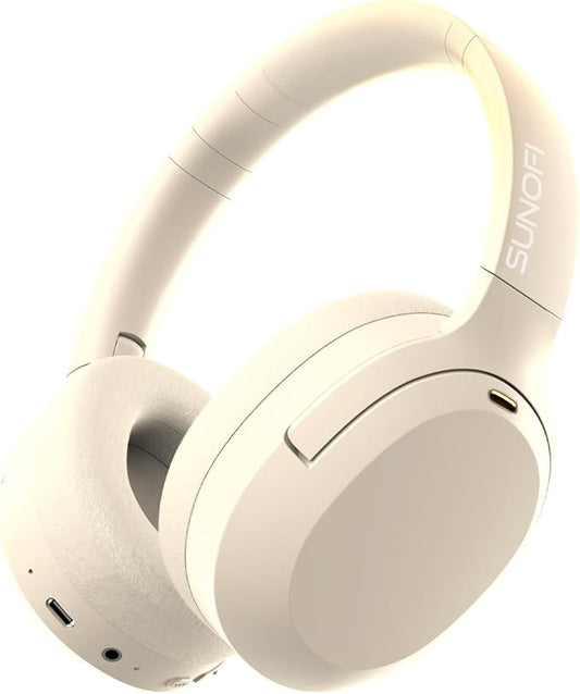 Hybrid Active Noise Cancelling Headphones, Wireless Over Ear Bluetooth Headphones with Mic, 40H Playtime, Hi-Res Audio, Deep Bass, Foldable Comfort Fit Ear Cups for Travel, Office, Home (White)