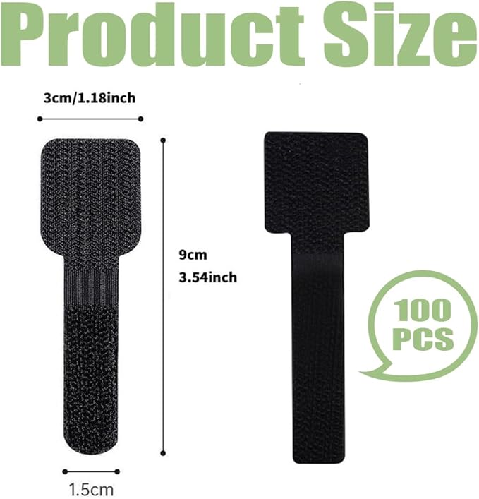 100 PCS Hook and Loop Cable Ties, Adjustable Cord Wraps, Adhesive Cord Management, Sticky-Back Hook and Loop Cable Straps, Reusable Cords Organizers for Wires and Cables, Black