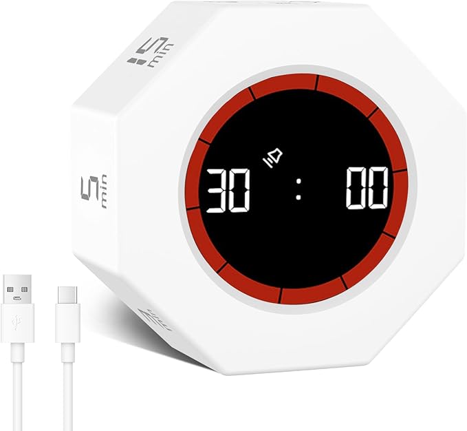Octagon Digital Productivity Timer, Rotating Pomodoro Timer with Gravireceptor 1-3-5-15-30-60-90 Min Countdown, Mute&Adjustable Volume Countup/Down Timer for Study Office Kitchen Desk, White