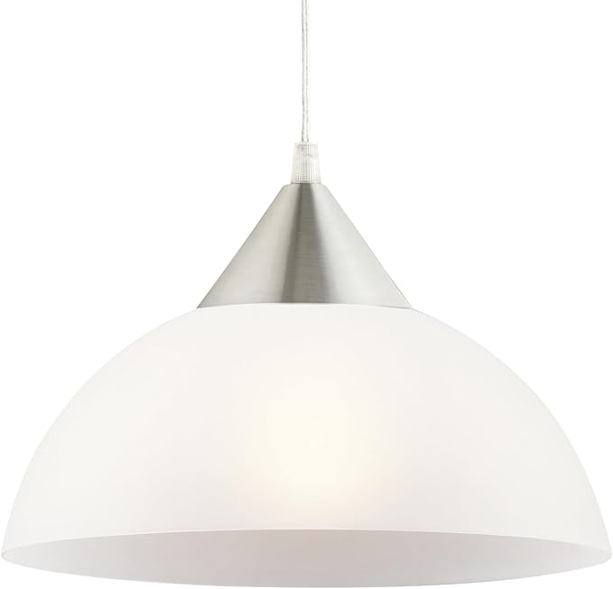 GLOBE Electric 64413 1-Light Plug-in Pendant, Brushed Steel, Frosted White Shade, 15ft Clear Cord, in-Line On/Off Switch, E26 Base Socket, Kitchen Island, Café, Hanging Light, Bulb Not Included