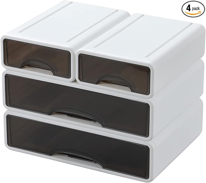 White Desktop Drawers for Paper, Stackable Office Storage Drawers for Desk, Craft Organizer and Storage Bins, 4 Mixed Storage Container with Plastic Drawers for Office Supplies Desk accessories