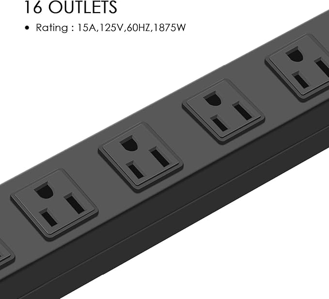 HHSOET Metal Wall Mount Power Strip, 16 Outlets, 3 FT SJT 3/C 14AWG Power Cord, 15A 125V 1875W, Black