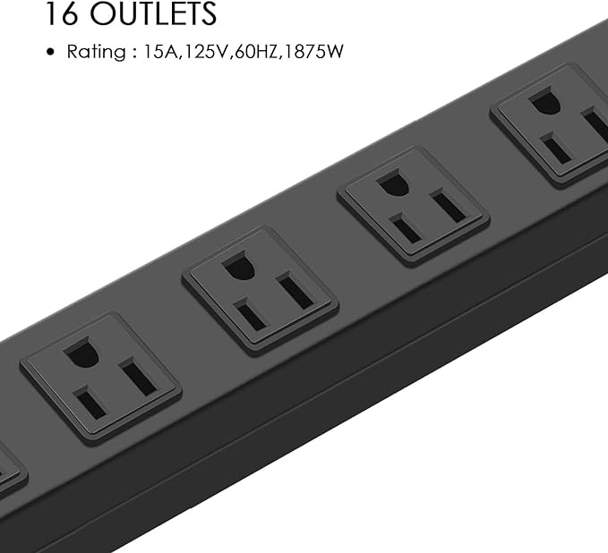 HHSOET Metal Wall Mount Power Strip, Mountable Power Outlet, Aluminum Alloy Mount Power Socket with Switch, 10 FT SJT 3/C 14AWG Power Cord, 15A 125V 1875W (16 Outlet) Black