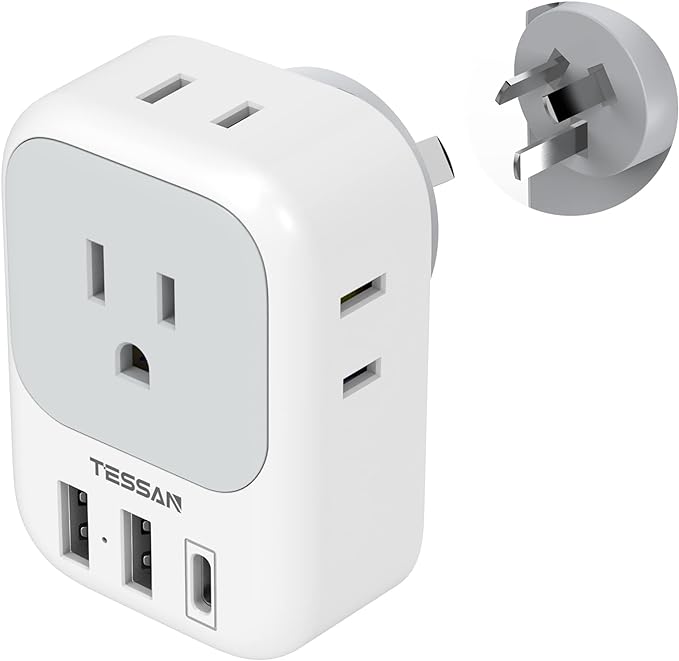 Australia New Zealand Power Adapter, TESSAN Type I Travel Adaptor with 4 American Outlets 3 USB Charger (1 USB C Port), Plug for US to Australian China Argentina Fiji Cook Islands AU