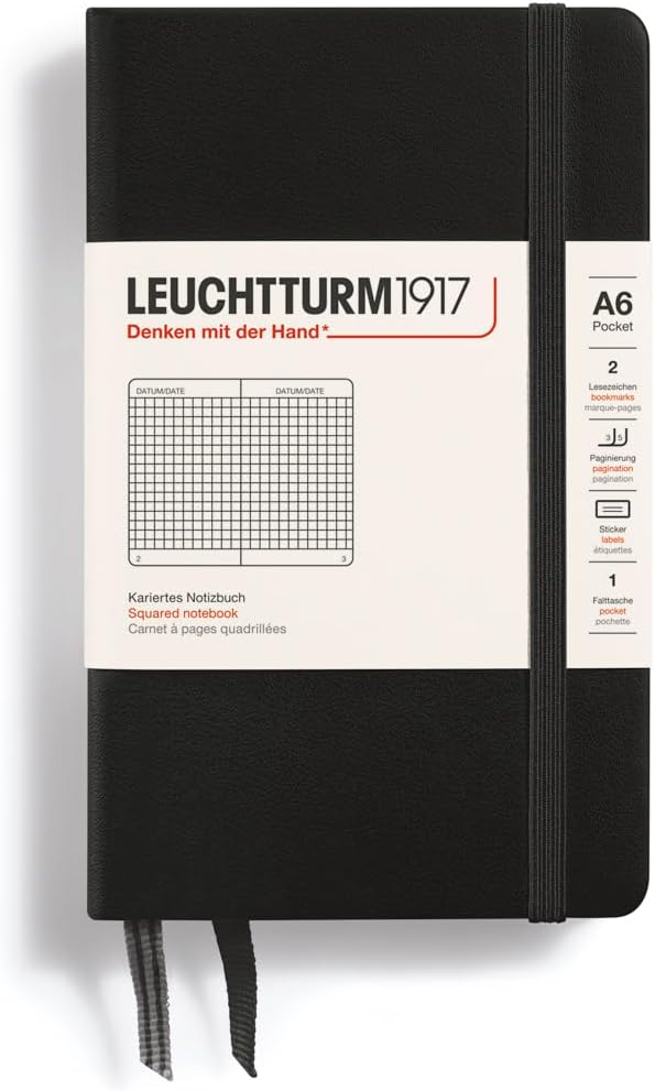 LEUCHTTURM1917 - Notebook Hardcover Pocket A6-187 Numbered Pages for Writing and Journaling (Black, Squared)