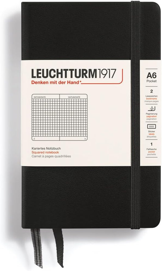 LEUCHTTURM1917 - Notebook Hardcover Pocket A6-187 Numbered Pages for Writing and Journaling (Black, Squared)