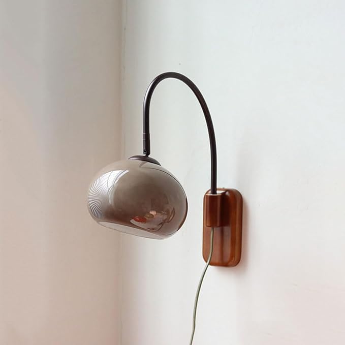 Modern Decoration Wall Sconce Mid Century with White Milk Glass Vintage Industrial Wood Wall Light Hardwired Smoke Grey Amber Farmhouse Reading Wall Lamp for Bedroom Living Room Bedside