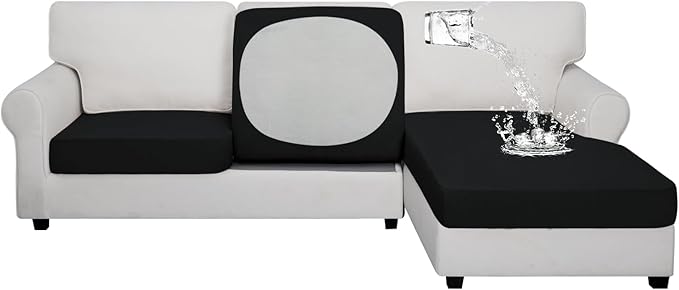 Easy-Going 100% Waterproof 3 Pieces Couch Cushion Covers for Sectional Sofa Left/Right L Shape Chaise Lounge Sofa Seat slipcover Anti-Slip Sofa Cover (2 Seater + 1 Chaise, Black