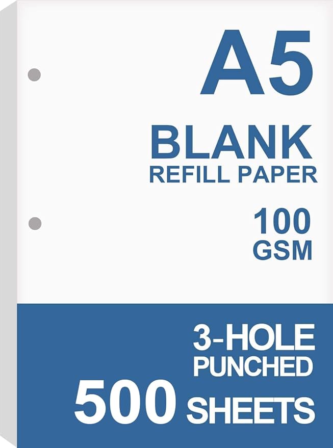 (5-Pack) A5 Filler Paper, 3 Hole Planner Refills, Organizer, Loose-leaf Binder Paper, Total 500 Sheets/1000 Pages, 100gsm, Blank, White Paper, 5.8 x 8.2 Inch, 3 Hole Filler Paper