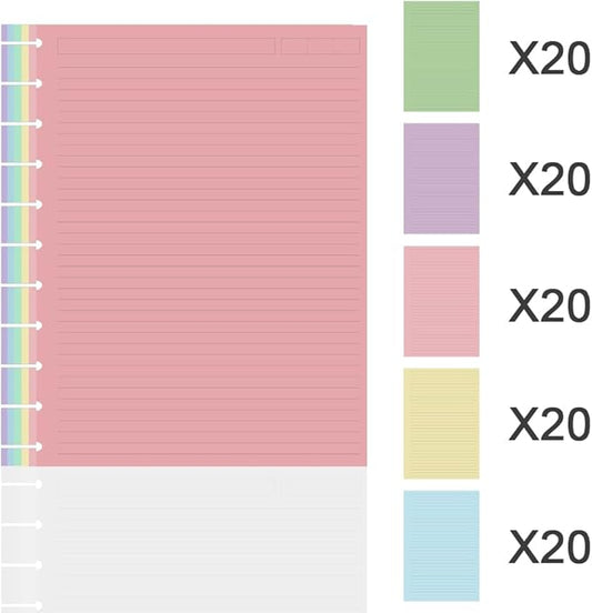 Letter Size Discbound Lined Refill Paper, 11 Disc Discbound, 5 Colors(20 Sheets/Color), Total 100Sheets / 200Pages, 110gsm Thicker Paper, 8.5'' x 11''