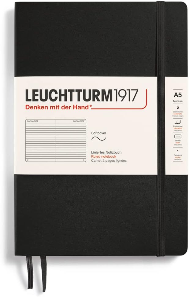 LEUCHTTURM1917 - Medium A5 Ruled Softcover Notebook (Black) - 123 Numbered Pages