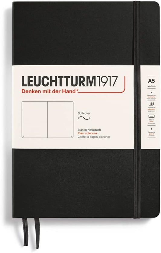 LEUCHTTURM1917 - Notebook Softcover Medium A5-123 Numbered Pages for Writing and Journaling (Plain, Black)