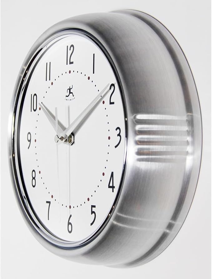Infinity Instruments LTD. Retro 9 inch Silent Sweep Non-Ticking Mid Century Modern Kitchen Diner Wall Clock Quartz Movement Retro Wall Clock Decorative (Silver)…