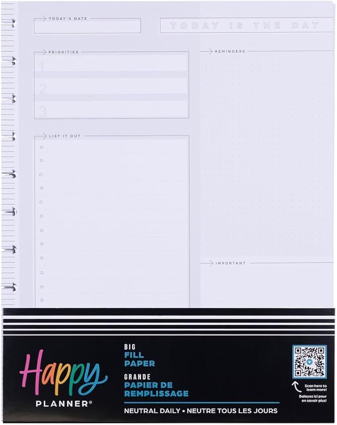 Happy Planner Undated Refill Paper for Planners and Journals, Neutral Lined Dashboard Layout Daily Notebook Planner Paper, Big Size, 100 Sheets 8 1/2" x 11"