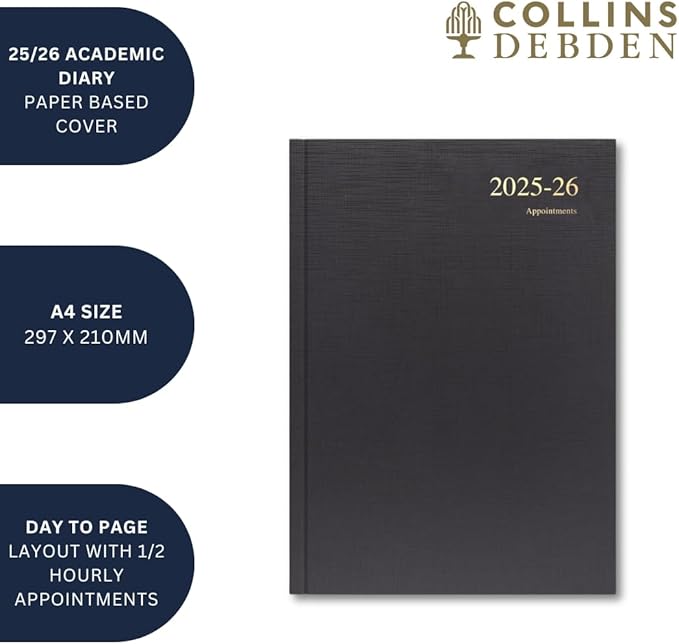 Collins 'Essentials' 12 Month Mid/Academic Year Planner, July 2025-July 2026 - ESSA41M.65-2526 -Day-to-Page Appointments Diary, A4 Hard Cover, Dark Blue