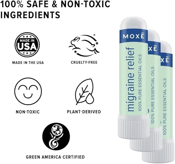 MOXE Migraine Relief Nasal Inhaler, Essential Oils for Headaches & Tension Relief, Portable Aromatherapy, Easy-to-Use, Pure & Undiluted, Peppermint, Spearmint, Eucalyptus, Tea Tree, USA Made, 1 Pack