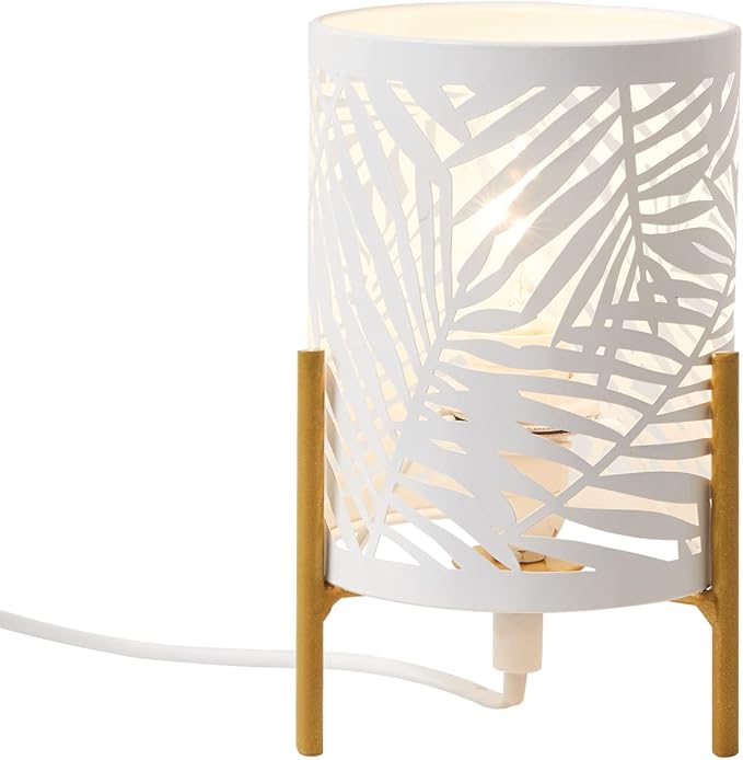 OuXean Decorative Table Lamp, Golden Tripod Stand with White Metal Hollowed Lampshade, Night Light for Bedside, E12 40W, No Bulb