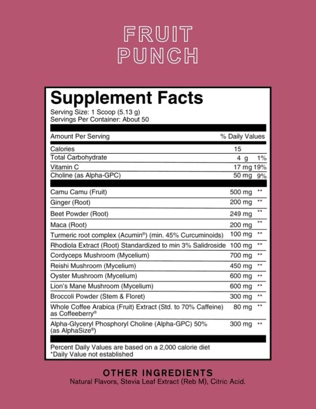 Roots Focus Nootropic Brain Supplement - Fruit Punch, Blend of Lion's Mane, Cordyceps, & Reishi Functional Mushrooms + Extended-Release Caffeine, 50 Servings