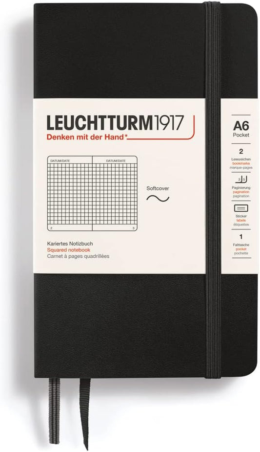 LEUCHTTURM1917 - Notebook Softcover Pocket A6-123 Numbered Pages for Writing and Journaling (Squared, Black)