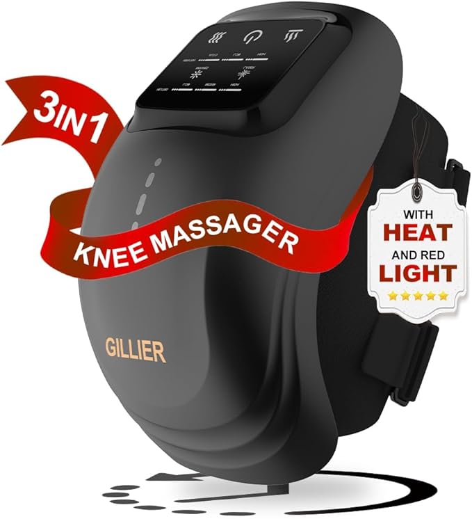 Knee Massager Smart with Heat, Red Light and Massage Therapy, 3 Vibration Modes and 3 Heating Levels, 2025 Updated Edition, LED Vitality Joints Knee Massager, Gifts for Grandma & Grandpa, Black