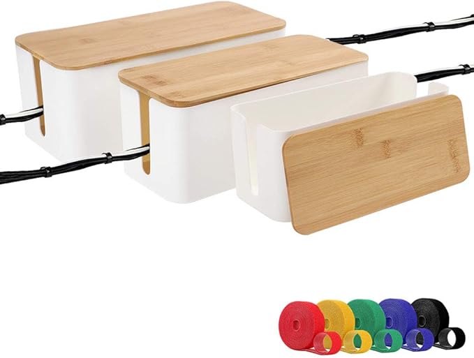 [Set of Three] Cable Management Box Organizer, Bamboo Lid Large Storage Wires Holder for Home, Office, Desk, TV, Computer - Great to Cover Hide Tidy Surge Protector & Power Strips & Cords (White)