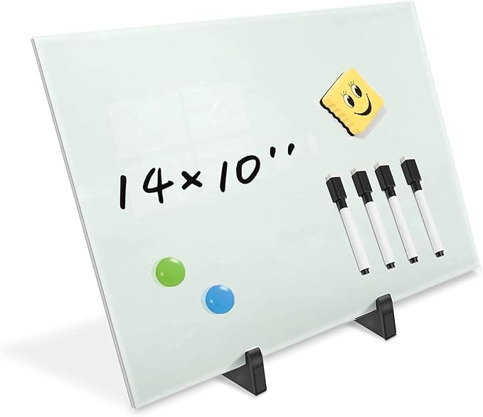 Magnetic Small Glass Whiteboard Desktop, ZHIDIAN 14x10 Portable Tempered Glass Dry Erase Board Panel with Adjustable Stand for Desk, Tabletop Glass Writing Board Easel for Office Home