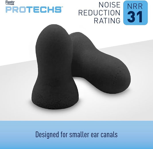 Flents Protechs Real Quiet Foam Ear Plugs for Small Ear Canals, Soft, Comfortable Hearing Protection for Sleep, Work, Travel & Loud Noise, NRR 31, Easy to Use, Black, 50 Pairs