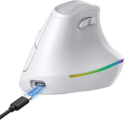 57° Wireless Ergonomic Mouse, Vertical Mouse, Carpal Tunnel Mouse, RGB Light, Rechargeable, Bluetooth & 2.4G, 5-level DPI Adjustment, Quiet Click Ergo Mice Compatible with PC, Laptop, Mac, White