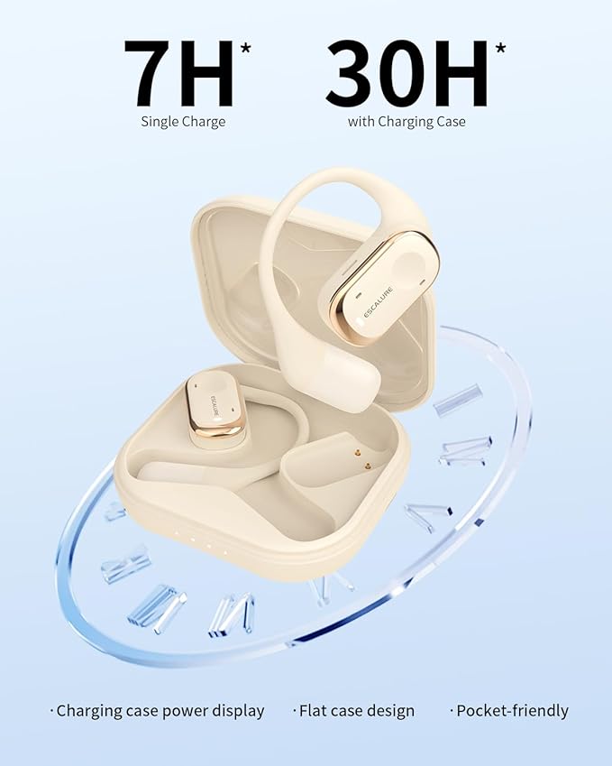 Open Ear Earbuds with 4-Mic, IPX5 Sweat Resistant Open Ear Earbuds Wireless Bluetooth 5.3, 30H Playtime Wireless Headphones with Earhooks, Lightweight for Running, White