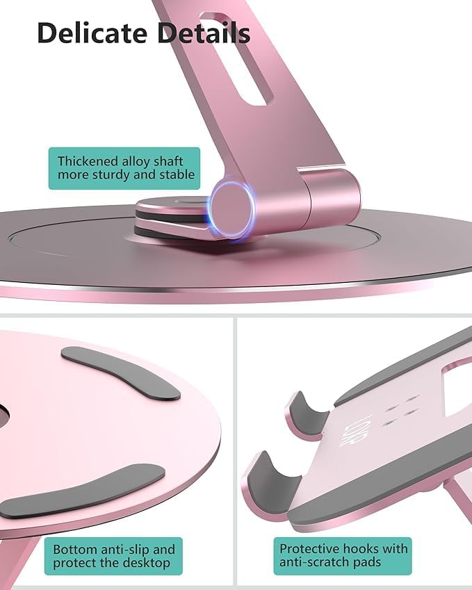 Ultra-Stable Aluminumy Swivel Laptop Stand for Desk with Rotating Foldable Phone Holder, 300% Larger Base, Stylish Computer Stand for Women, Men Office, Fits 10-17.3" Laptops, Pink