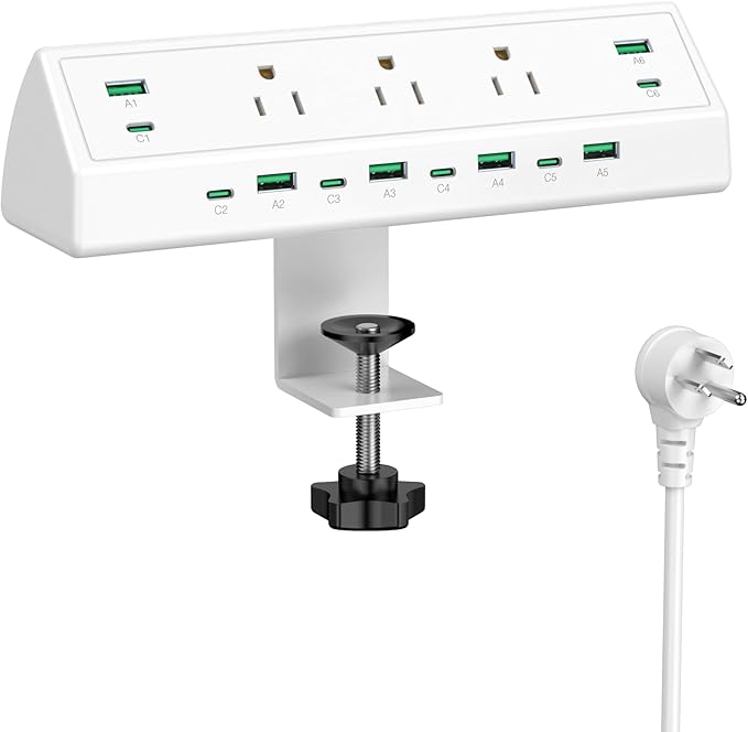 Jgstkcity 90W Desk Clamp Power Strip,12 USB Ports (6 PD 45W USB-C),Surge Protector,ETL Listed Power Hub Extension Cord,Fast Charging Station for Home Office Desk Edge Mount (White, 12 USB-90W)