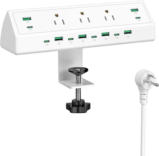 Jgstkcity 90W Desk Clamp Power Strip,12 USB Ports (6 PD 45W USB-C),Surge Protector,ETL Listed Power Hub Extension Cord,Fast Charging Station for Home Office Desk Edge Mount (White, 12 USB-90W)