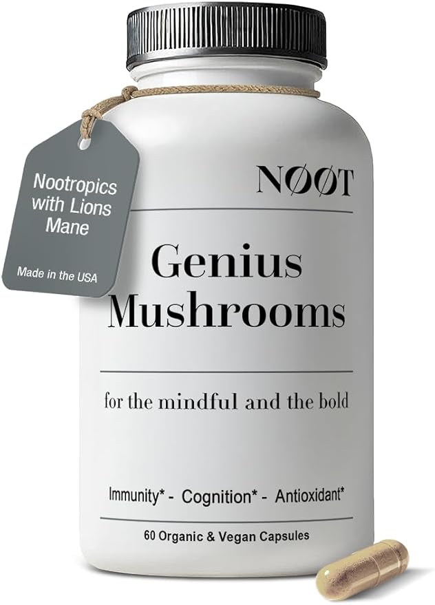 Genius Mushrooms Organic Mushroom Supplement - Nootropic Adaptogenic Vegan Brain Supplements for Memory and Focus, Biohacking, Immunity and Resilience 60 Capsules, 2 Month Supply