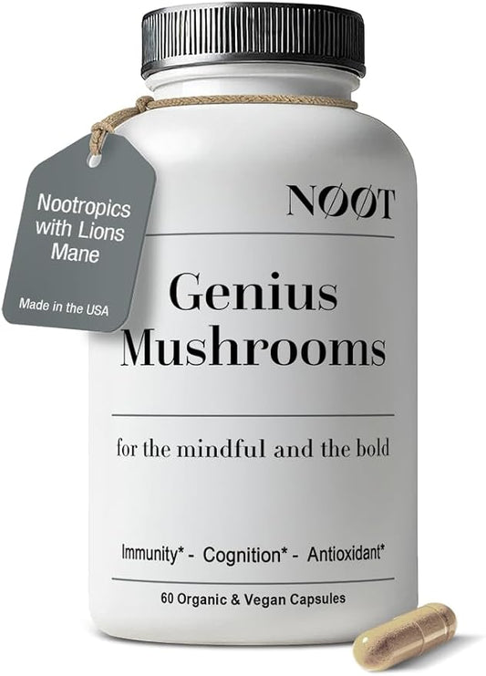 Genius Mushrooms Organic Mushroom Supplement - Nootropic Adaptogenic Vegan Brain Supplements for Memory and Focus, Biohacking, Immunity and Resilience 60 Capsules, 2 Month Supply
