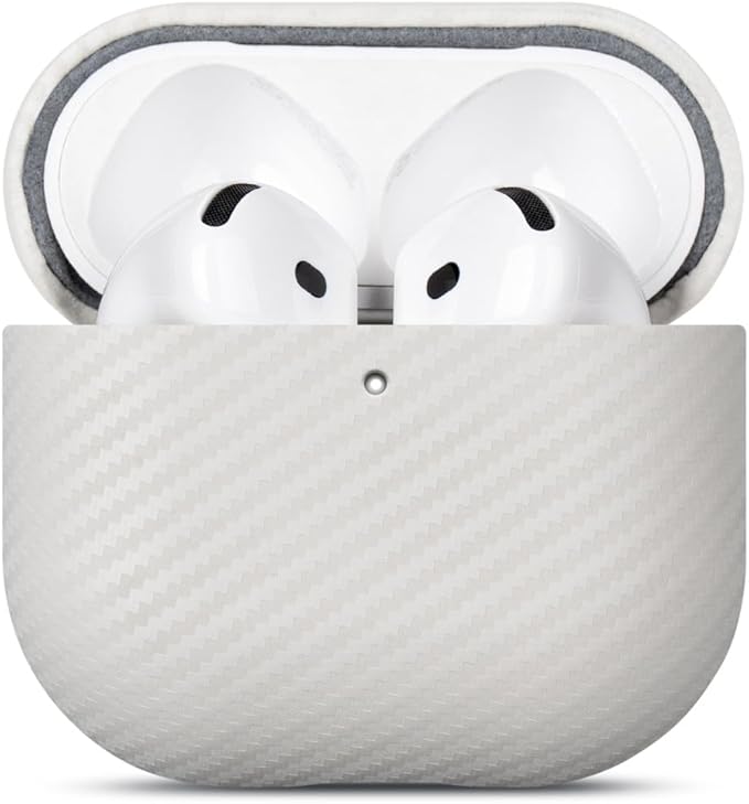 Leather Case - for AirPods 4 / AirPods 4 with Active Noise Cancellation Case Cover - Selected Skin-Friendly Leather, with Carbon Fibre Texture, Handmade Drop Protective Hard Cover - White