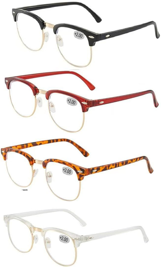 Half frame Retro Semi Rimless Clear Lens Glasses Blue Blocking Eyewear For Men Women (4 Pack Reading 2.0 X)