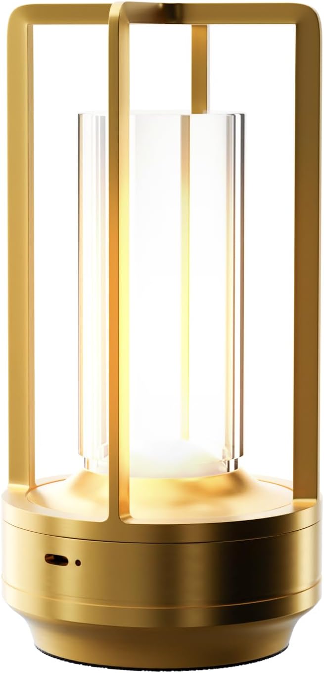 Table Lamp, Portable Cordless Rechargeable LED, 3-Colour Dimming, Gold, Ideal for Bedroom, Outdoor, Restaurants, Bars, Coffee Shops, Camping