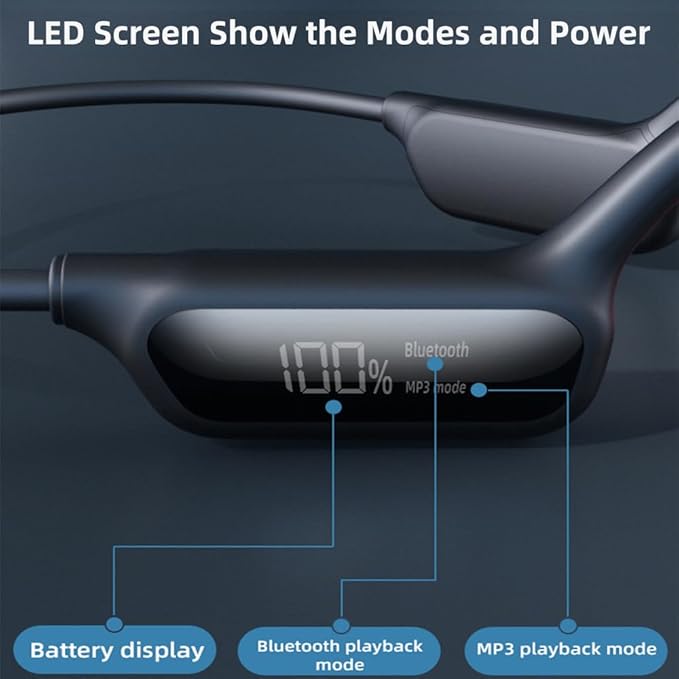 Swimming Headphones Bone Conduction Open Ear Headset MP3 Player Built-in 32G Memory IP68 Underwater Waterproof Stereo Bluetooth Earphone LED Screen for Driving Bicycling Running Skiing-X10 Black