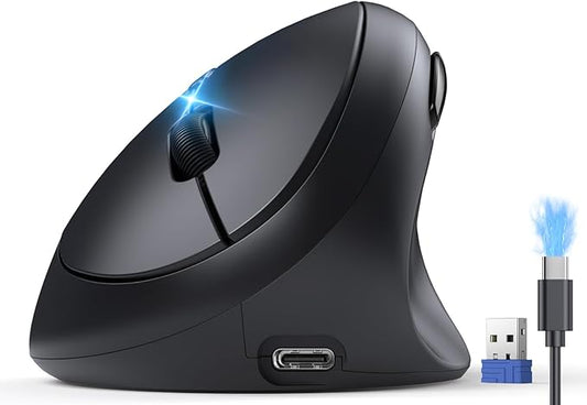 TECKNET Ergonomic Mouse, Bluetooth Wireless Vertical Mouse, Rechargeable Battery, Quiet Clicks, 4800 DPI Adjustable, BT5.0/3.0 & 2.4G Connect, Easy to use, Wide Compatibility - Black