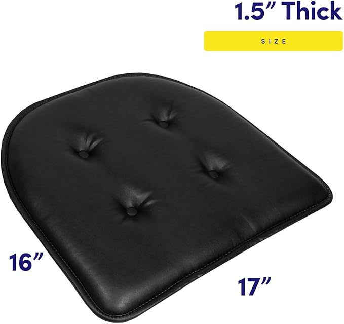 Sweet Home Collection Chair Cushion Memory Foam Pads Tufted Slip Non Skid Rubber Back U-Shaped 17" x 16" Seat Cover, Faux Leather Black 4 Count