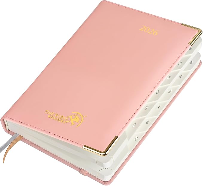 POPRUN Daily Planner 2026 (A5 Size-5.75" x 8.5") One Page Per Day Planner with Vegan Leather Hardcover - Agenda 2026 (Jan. - Dec.) Page A Day Calendar Book with Monthly Tabs, Inner Pocket - Soft Pink