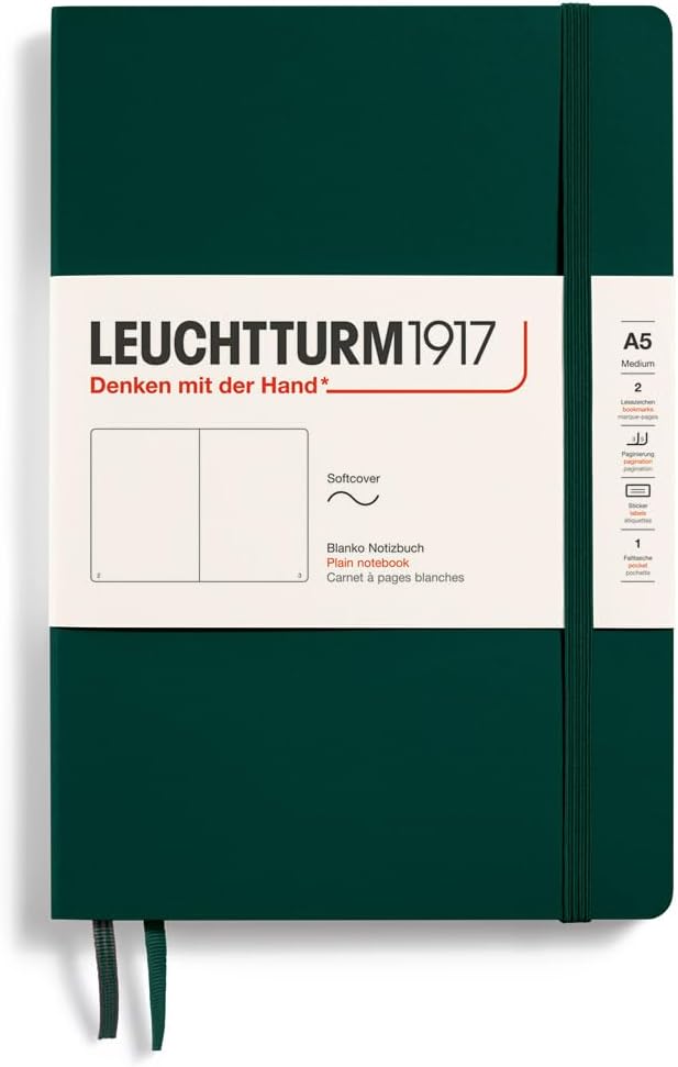 LEUCHTTURM1917 - Notebook Softcover Medium A5-123 Numbered Pages for Writing and Journaling (Forest Green, Plain)