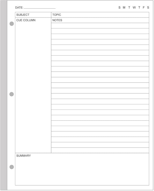 A4 Cornell Notes Filler Paper - 3 Hole Cornell Notes Loose Leaf Paper, 50Sheets / 100Pages, 100gsm, White, 8.5'' x 11''