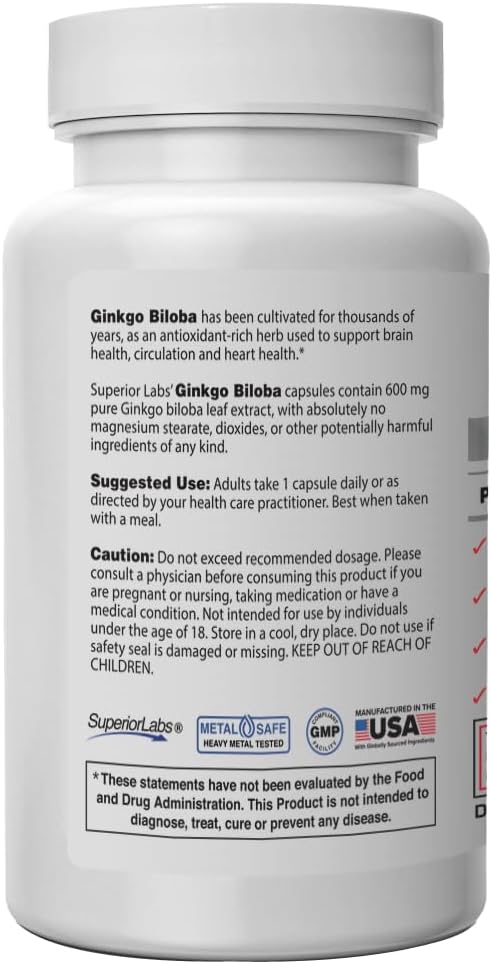 SuperiorLabs Ginkgo Biloba 1200 mg, Non-GMO, Black Pepper for Increased Absorption, Ginkgo Extract, Improves Memory & Focus, Circulation Booster, Natural Antioxidant Nootropic, 120 Veg Caps