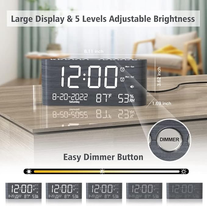 Mesqool Digital Alarm Clock, with Calendar Temperature and Humidity, Loud Volume, Dual Alarm, USB and Type-C Charging Ports, Dimmer, 12/24H, Snooze, Stylish Wood Grain Pattern Digital Clock for Décor