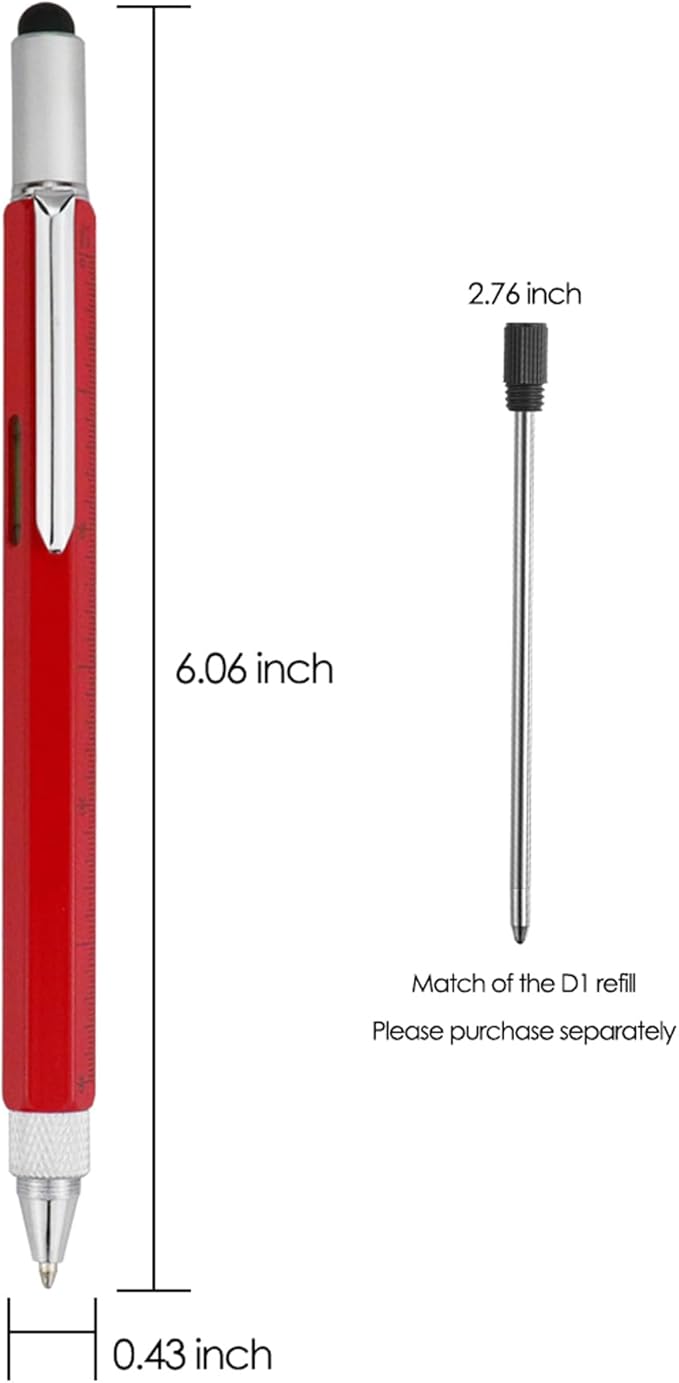 HeTaoCat Gifts Multi Tech Tool - 6 in 1 Stylus Pen with Screwdriver, Ruler, Level Gauge, Ballpoint Pen (Black Ink, Red)