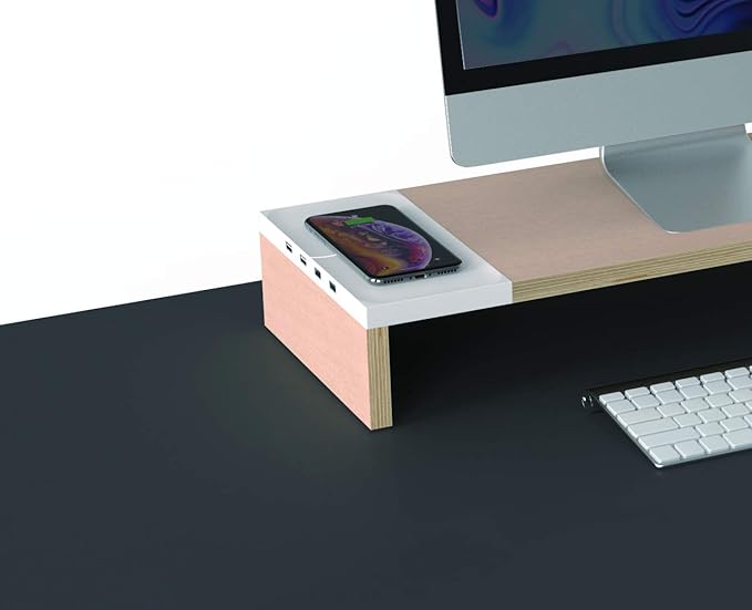 POUT E9 Dual Monitor Stand with Drawer - Wireless Charger and USB Hub (Maple White)