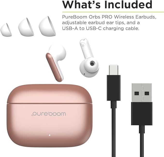 PureGear PureBoom Orbs PRO Active Noise Cancelling Wireless Earbuds with Zinc Alloy Case for iPhone & Android, Wireless Charging, Immersive Sound, Reduce Noise, Stereo in-Ear Headphones (Rose Gold)