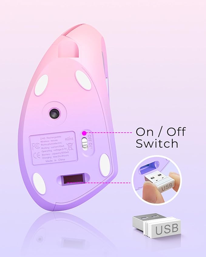 Lekvey Ergonomic Mouse, Vertical Wireless Mouse Rechargeable 2.4 GHz Optical Carpal Tunnel Mouse : 800/1200 / 1600 DPI, 6 Buttons, for Laptop, PC, Computer, Desktop, Notebook etc, Pink to Purple